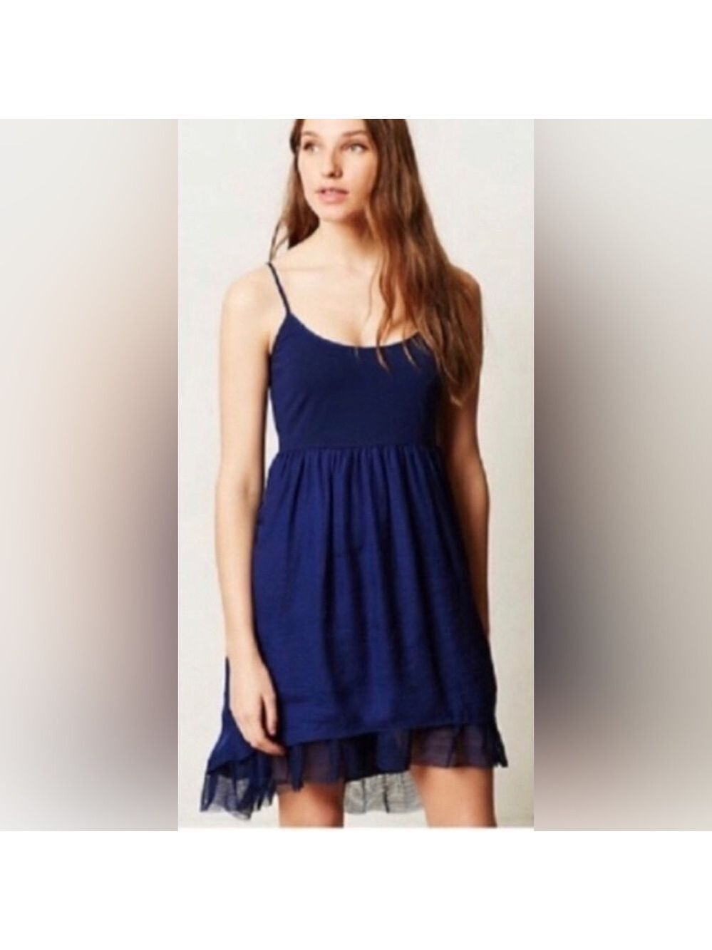 Lili’s Closet Strappy Empire Waist Dress With Mesh Ruffle Hem SZ L Navy Blue